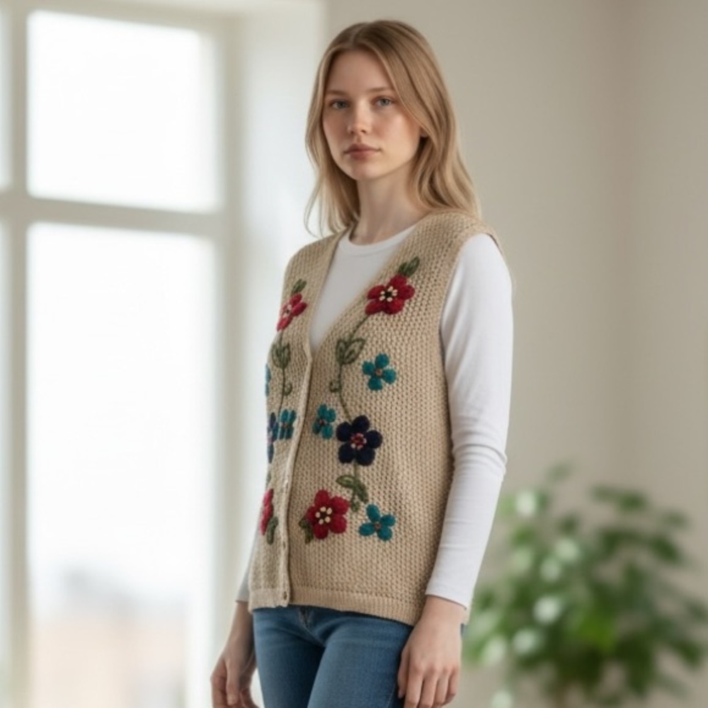 Vintage Jantzen Classics Beige Floral Embroidered Cardigan Vest